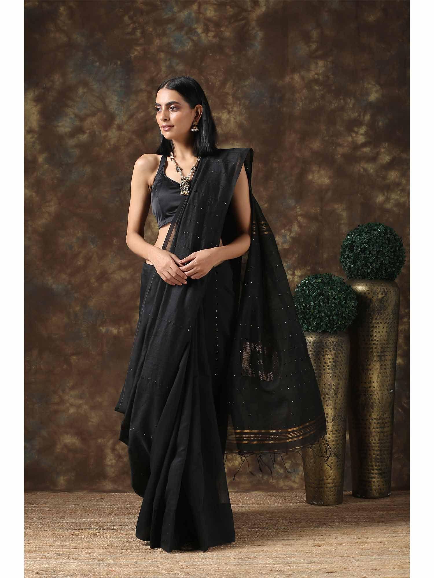 black cotton silk ebony saree with unstitched blouse