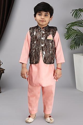 black cotton silk embroidered bundi jacket with kurta set for boys