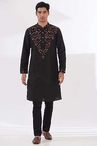 black cotton silk embroidered kurta set