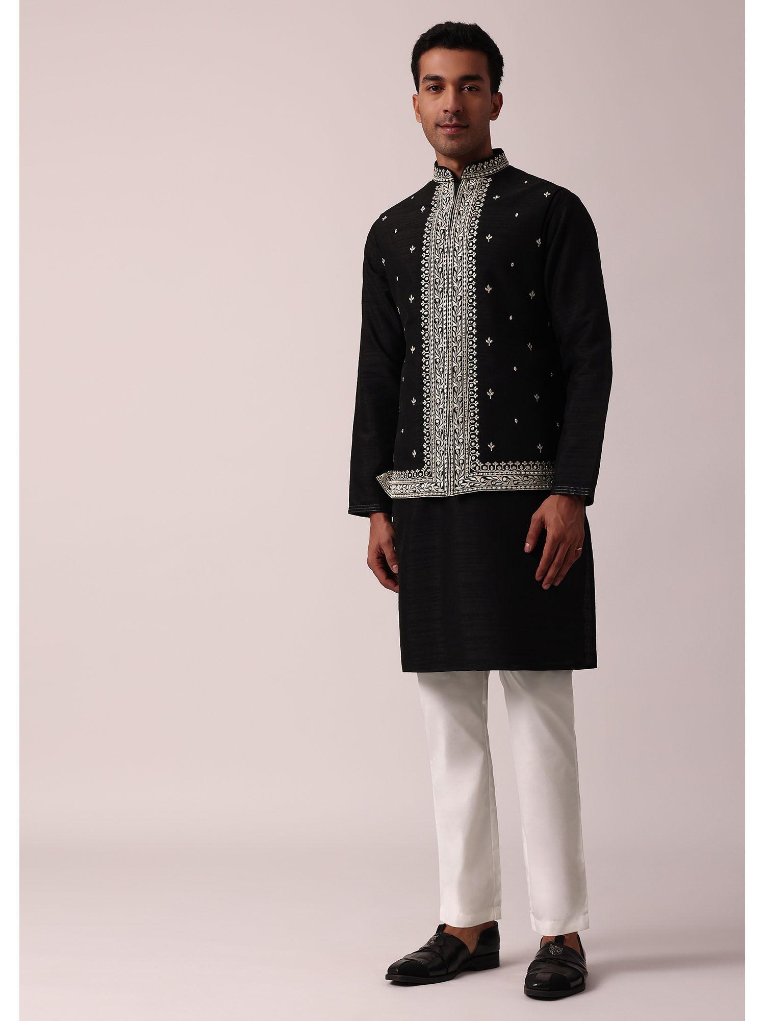 black cotton silk embroidered kurta with pant and nehru jacket (set of 3)