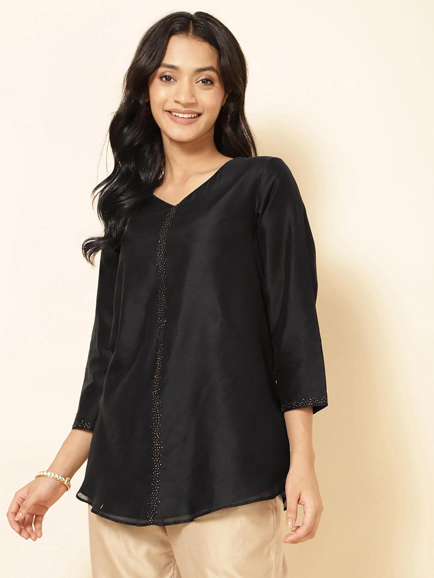 black cotton silk embroidered tunic