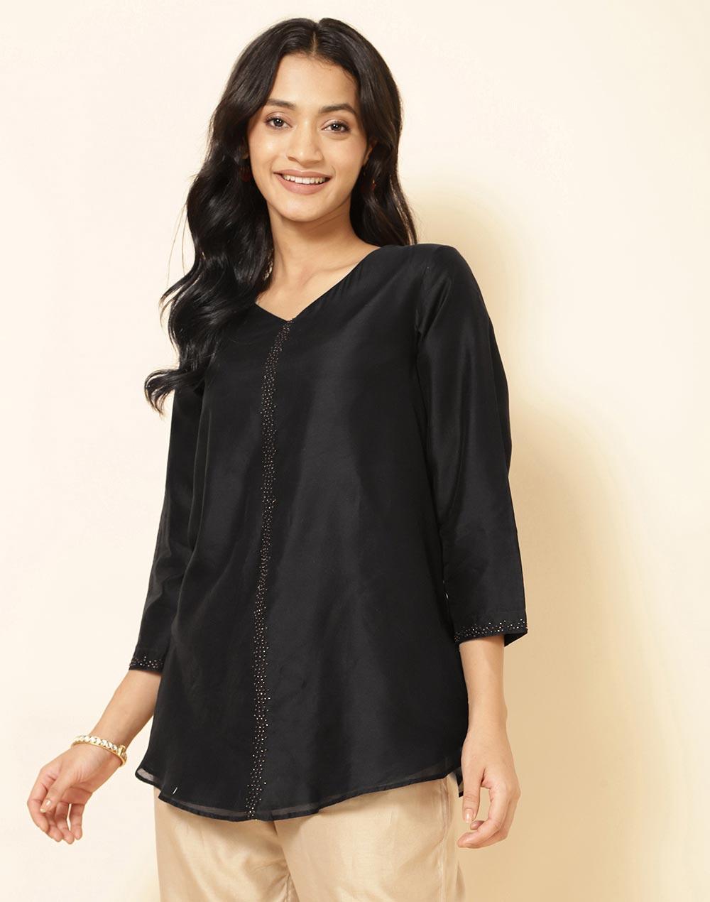 black cotton silk embroidered tunic