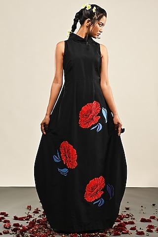 black cotton silk floral applique cocoon dress