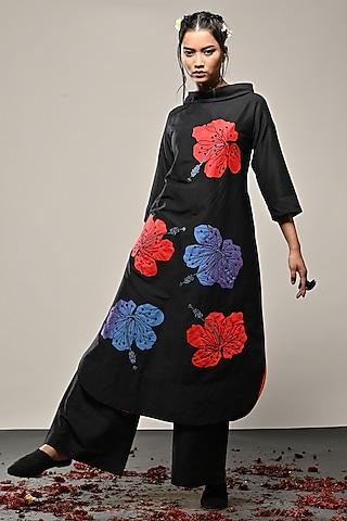 black cotton silk floral applique tunic set