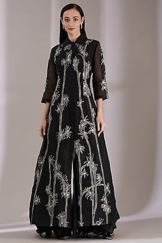 black cotton silk gown with embroidery