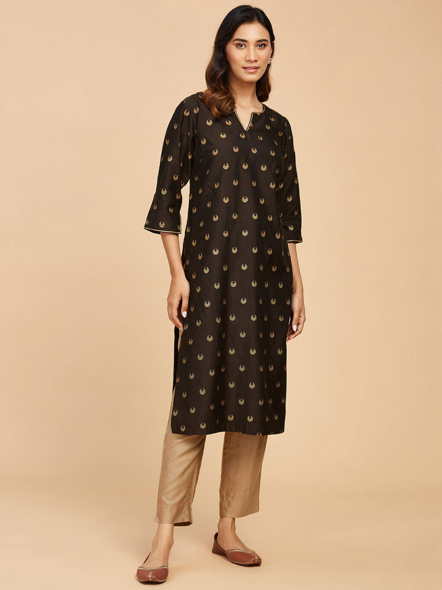 black cotton silk hand block printed long kurta