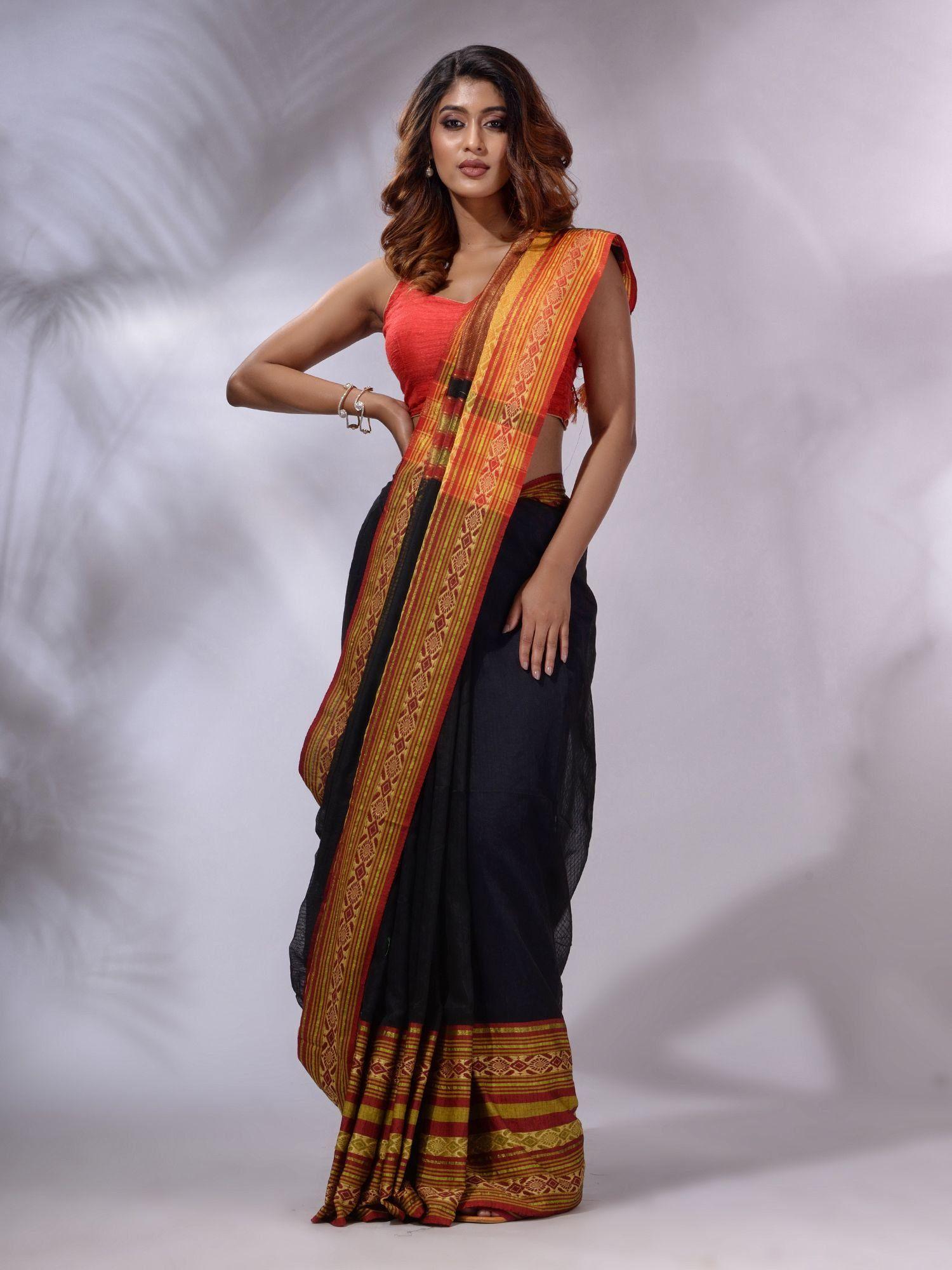 black cotton silk handwoven saree with unstitched blouse and nakshi borders