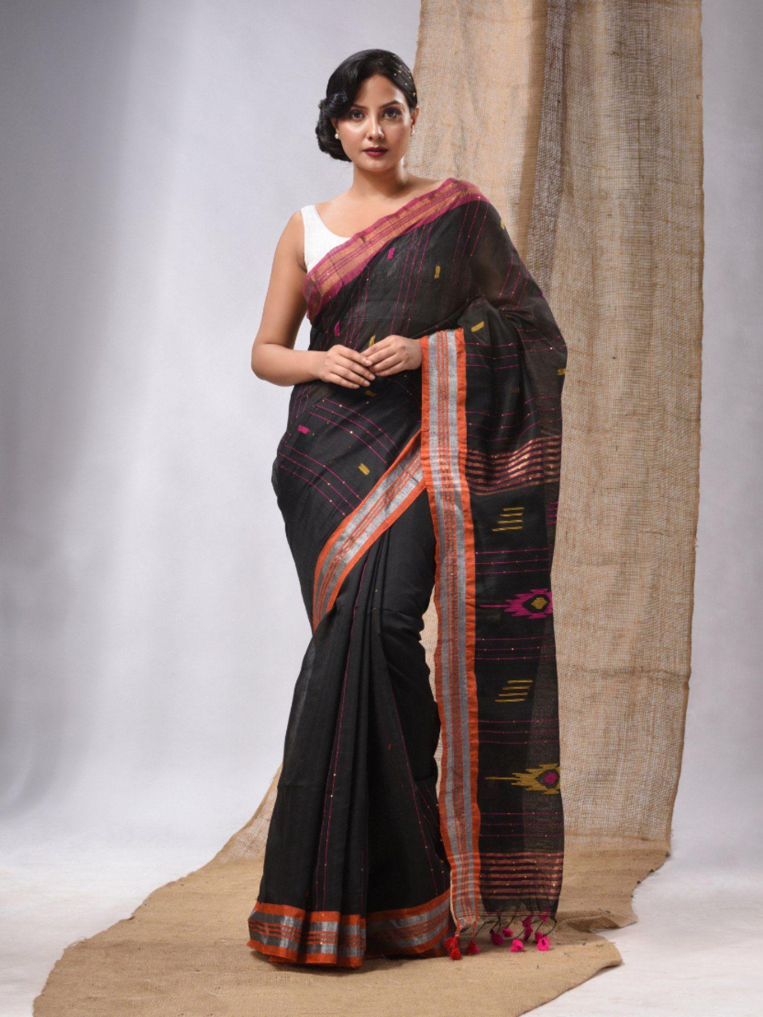 black cotton silk handwoven soft saree with sequins work & unstitched blouse