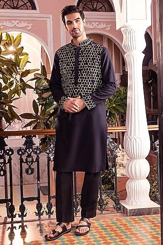 black cotton silk hexagon embroidered kurta set