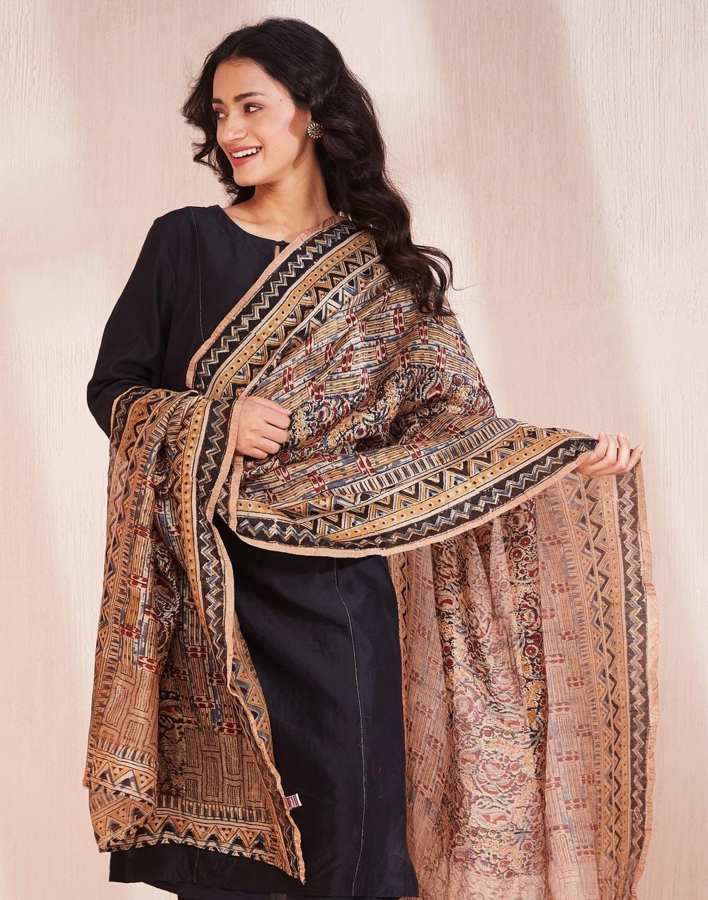 black cotton silk kalamkari printed dupatta