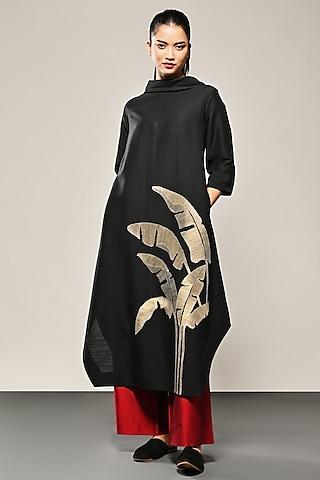 black cotton silk leaf embroidered tunic set