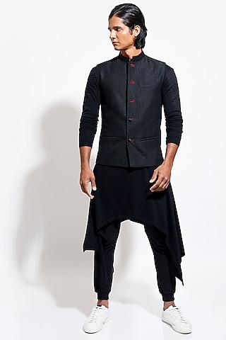 black cotton silk machine embroidered bundi jacket