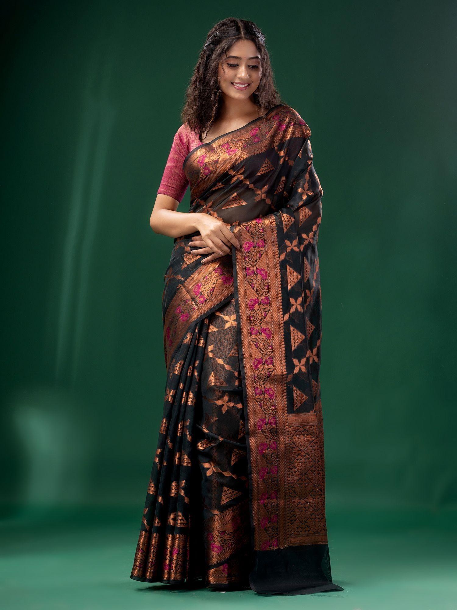 black cotton silk saree with woven design with unstitched blouse