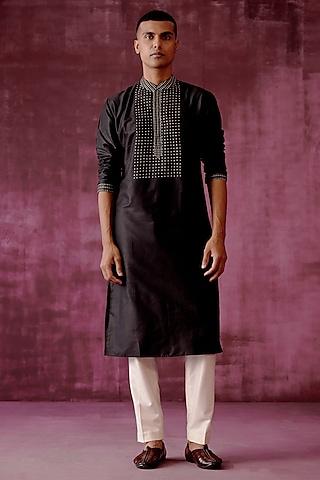 black cotton silk tonal embroidered kurta set