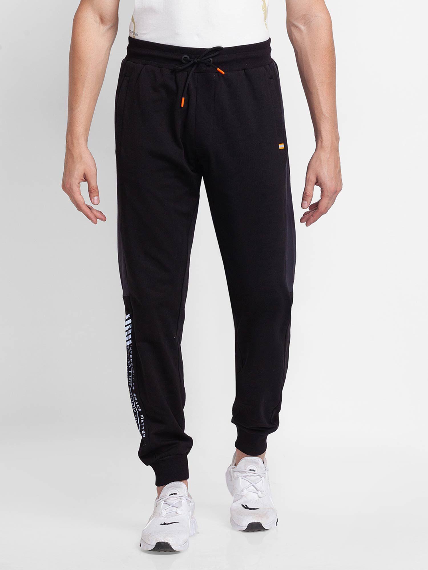 black cotton slim fit trackpants for men