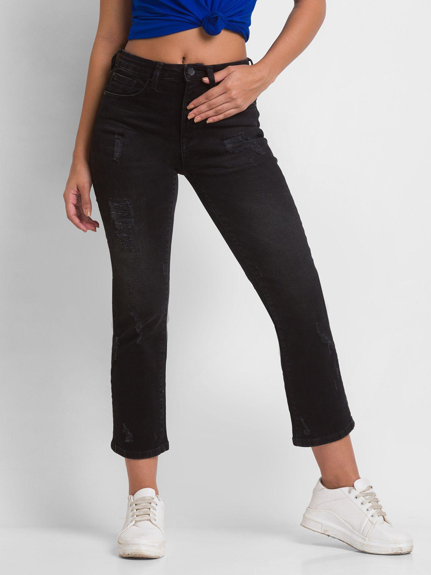 black cotton slim straight fit ankle length jeans for women (emma)