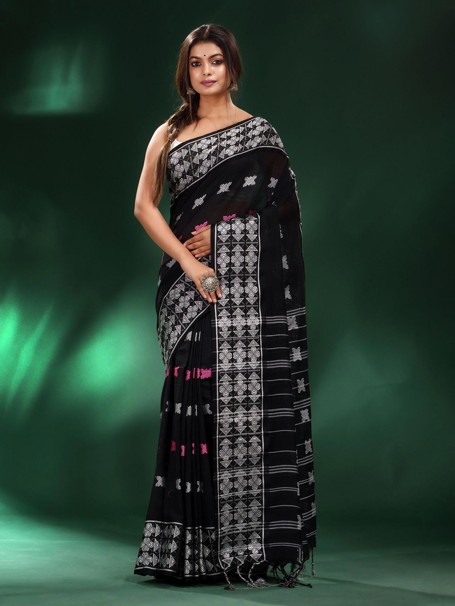 black cotton soft geometric motif all over saree with unstitched blouse