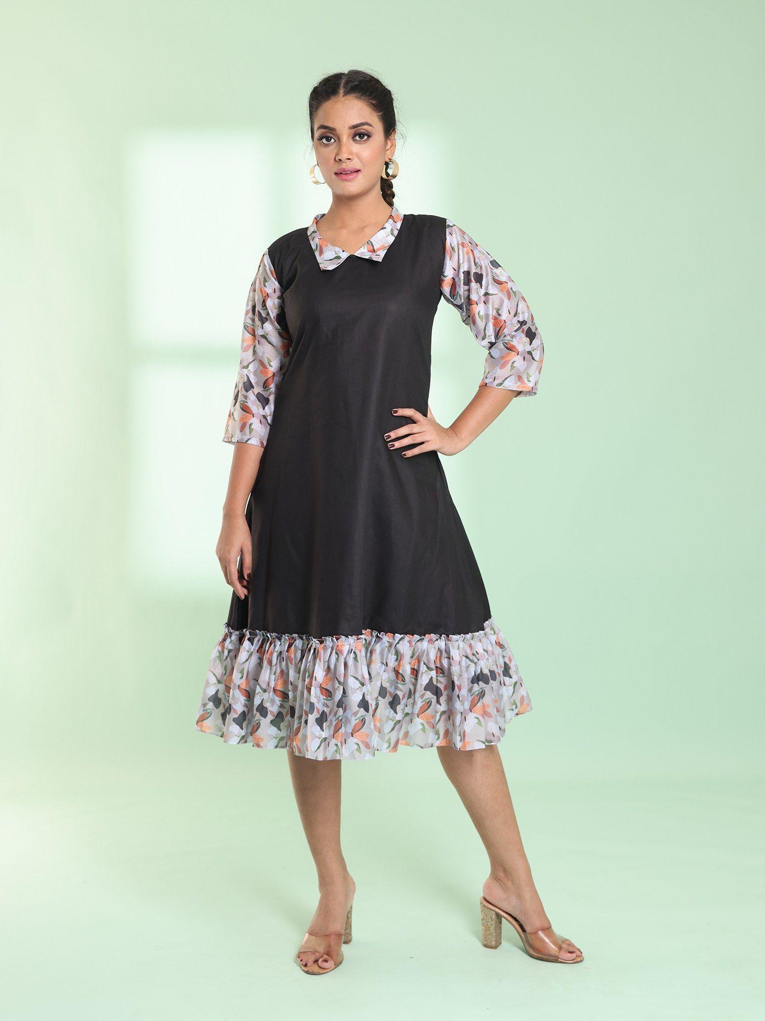 black cotton solid a-line stitched ethnic dress