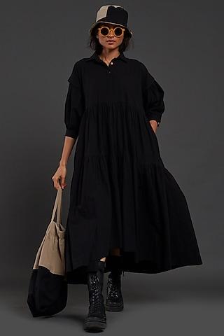 black cotton tiered shirt dress