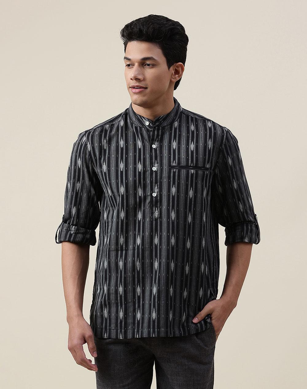 black cotton woven slim fit mid placket shirt