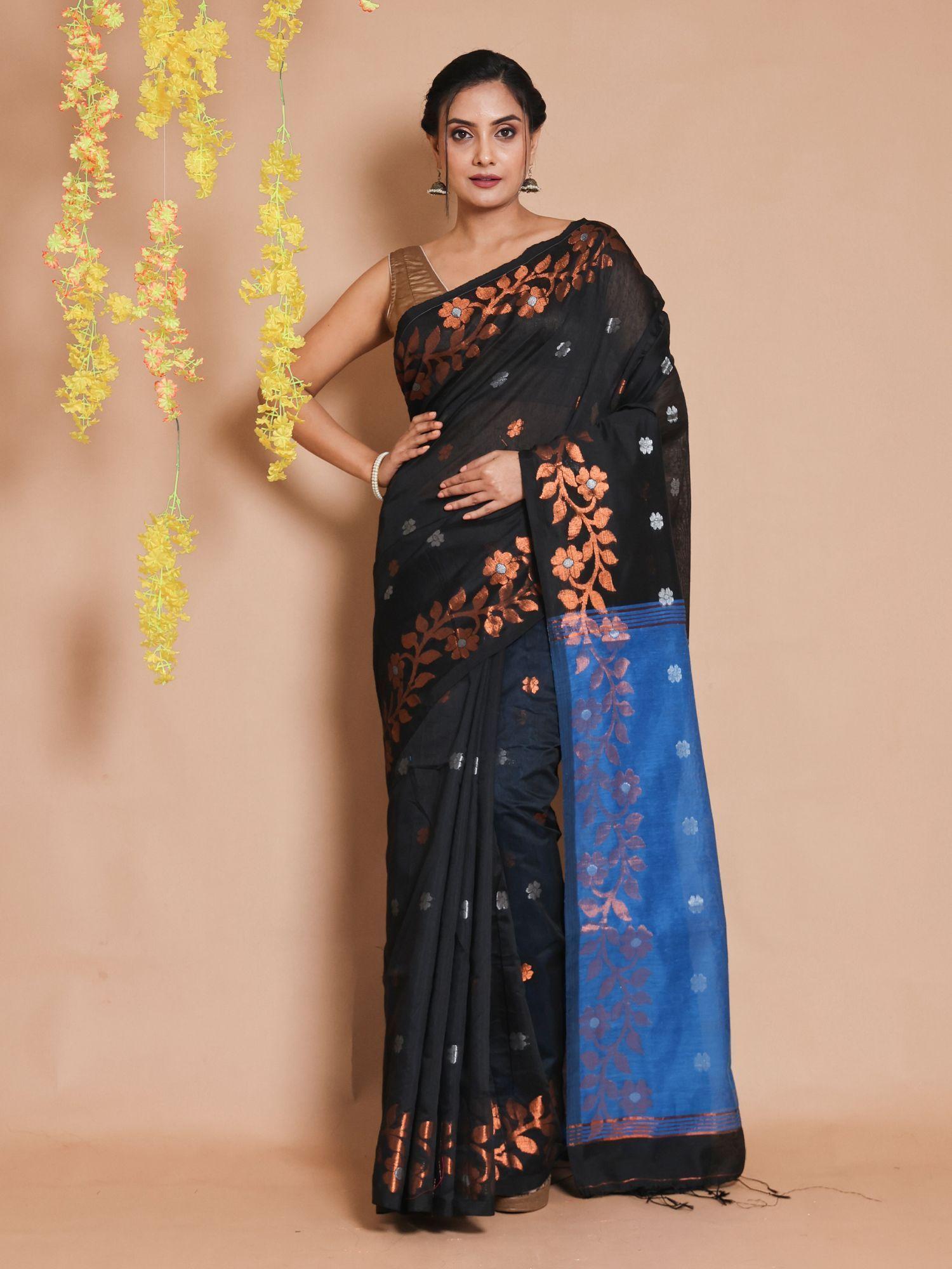 black cotton zari floral motifs & designs handwoven saree with unstitched blouse