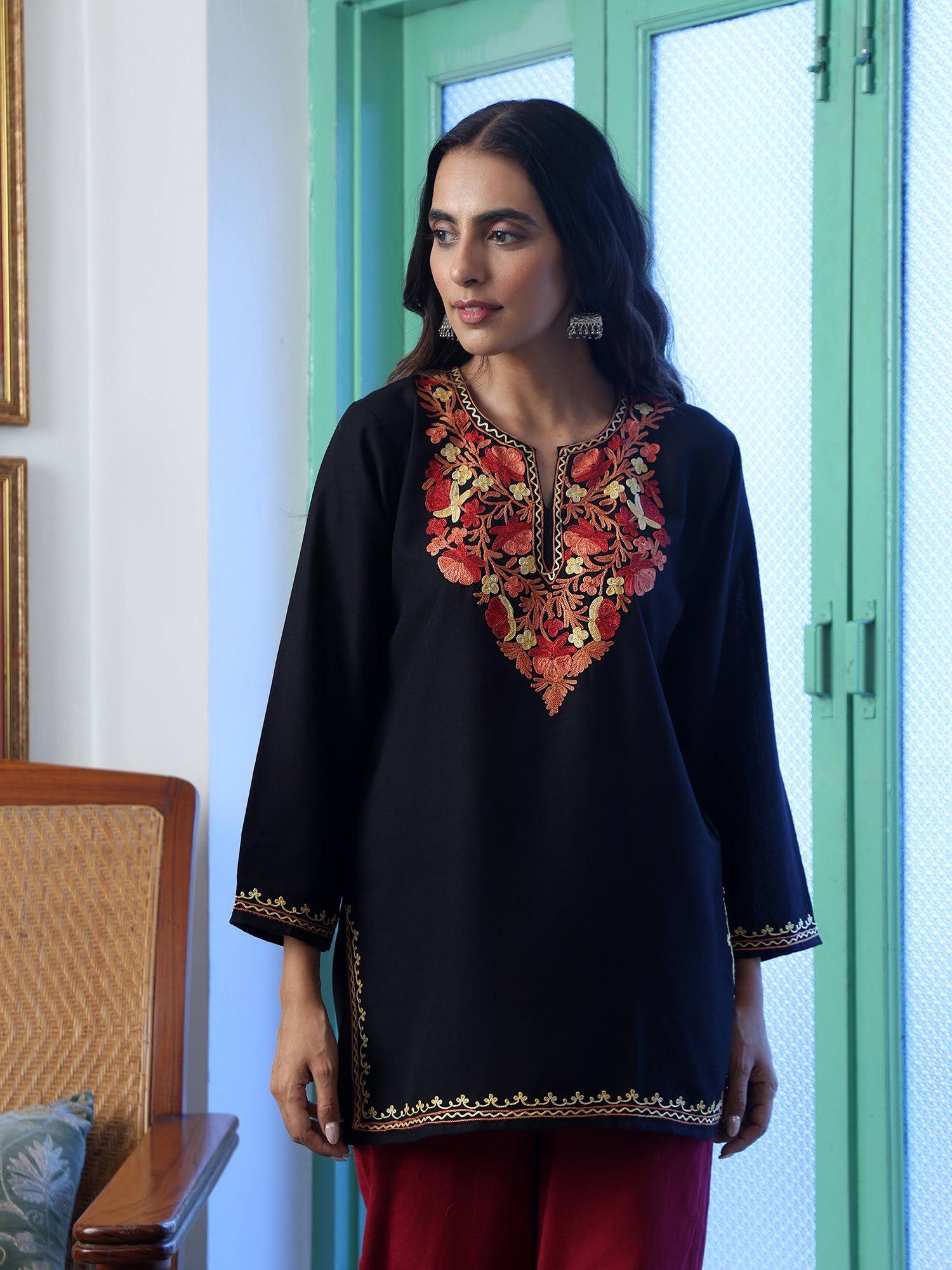 black crafts aari embroidered kurti