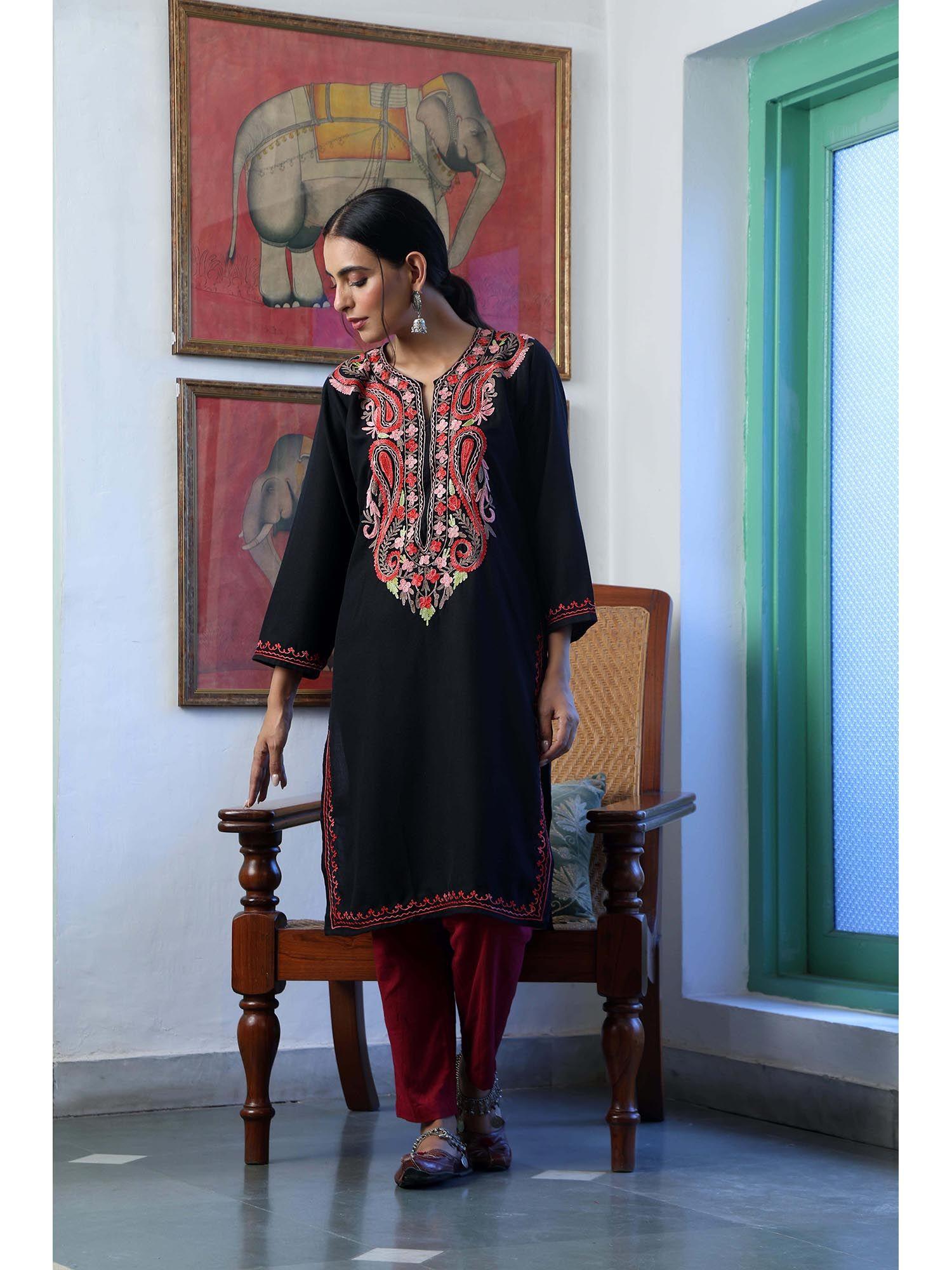 black crafts aari embroidered long kurta