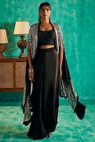 black crepe & silk dupion hand embroidered cape set