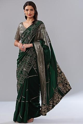 black crepe & tulle embroidered saree set