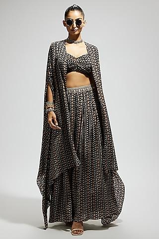 black crepe boho printed cape set