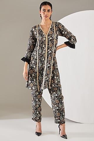 black crepe boota printed & sequins embroidered kurta set