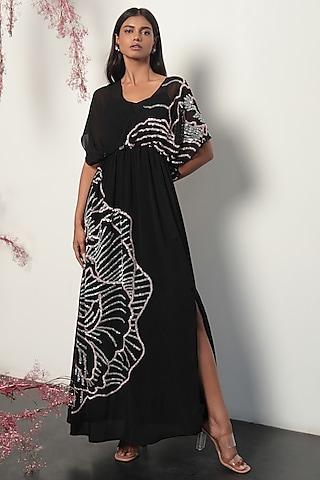 black crepe embellished maxi dress