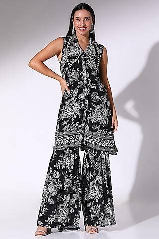 black crepe floral printed & embellished kurta set