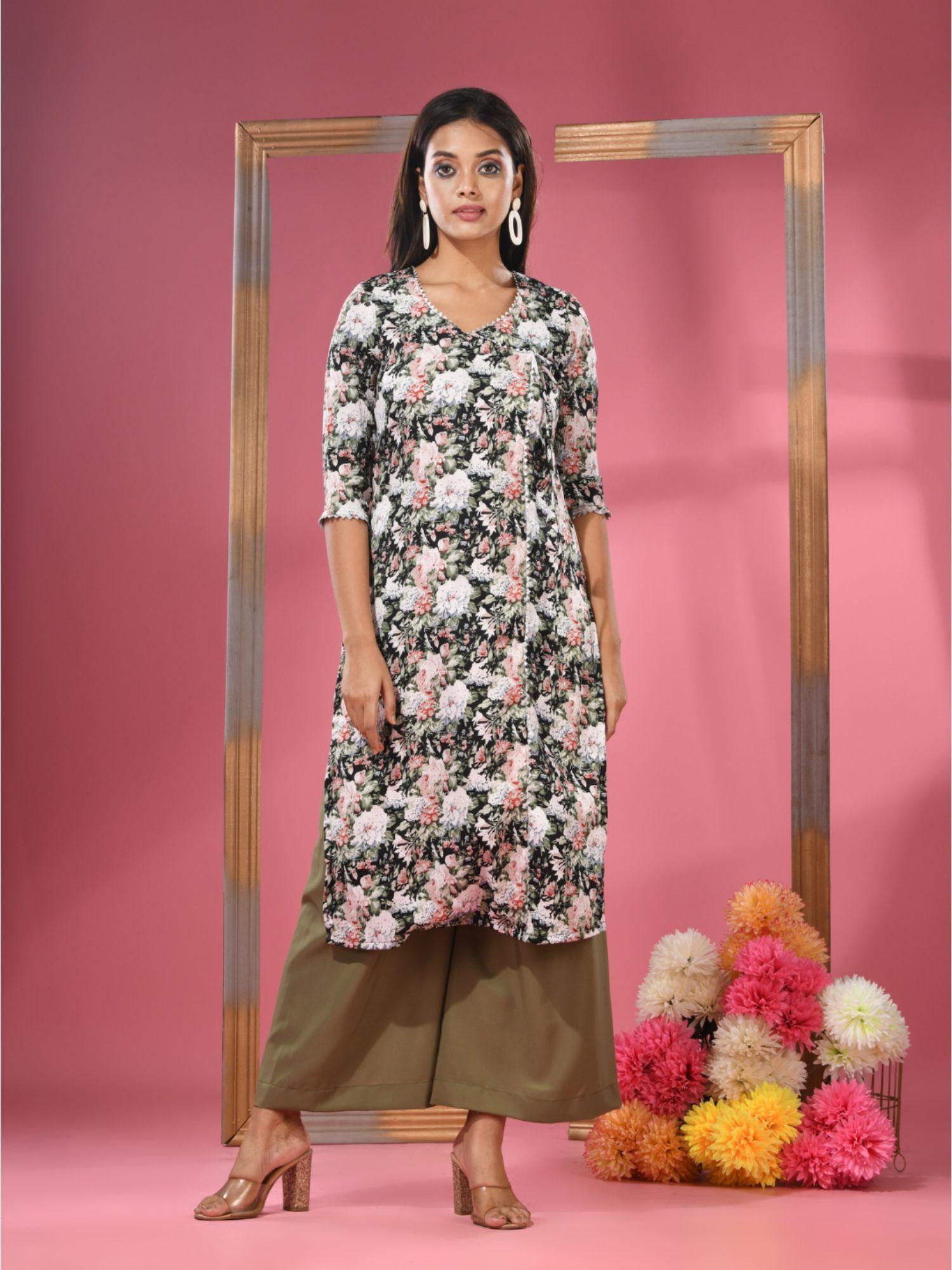 black crepe floral printed angrakha kurta