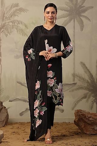 black crepe floral printed straight kurta set