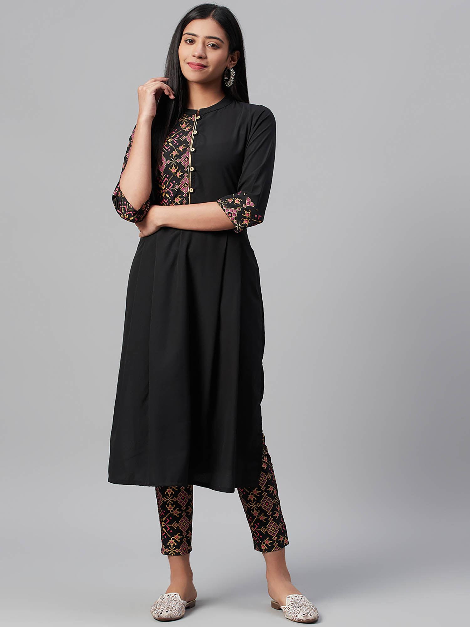 black crepe foil printed straight kurta