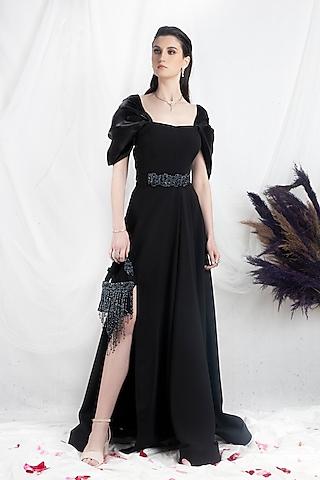 black crepe gown with belt