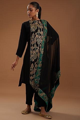 black crepe hand embroidered a-line kurta set