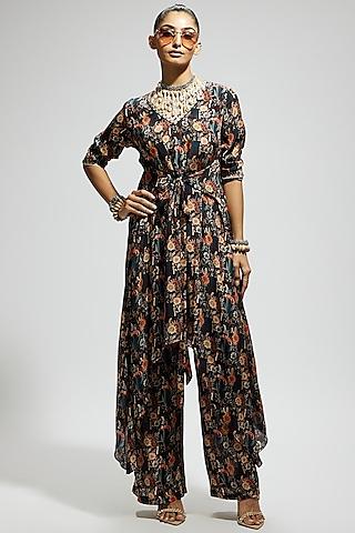 black crepe jaal printed tunic set