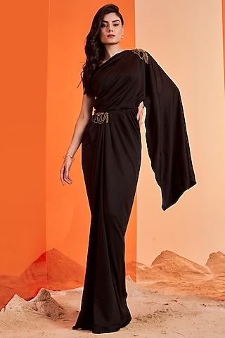 black crepe one-shoulder gown saree
