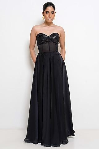 black crepe organza textured corset gown