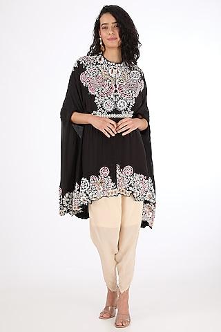 black crepe pearl embroidered kaftan cape set