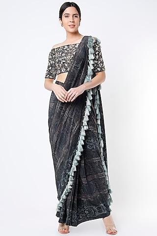 black crepe pre-stitched saree set