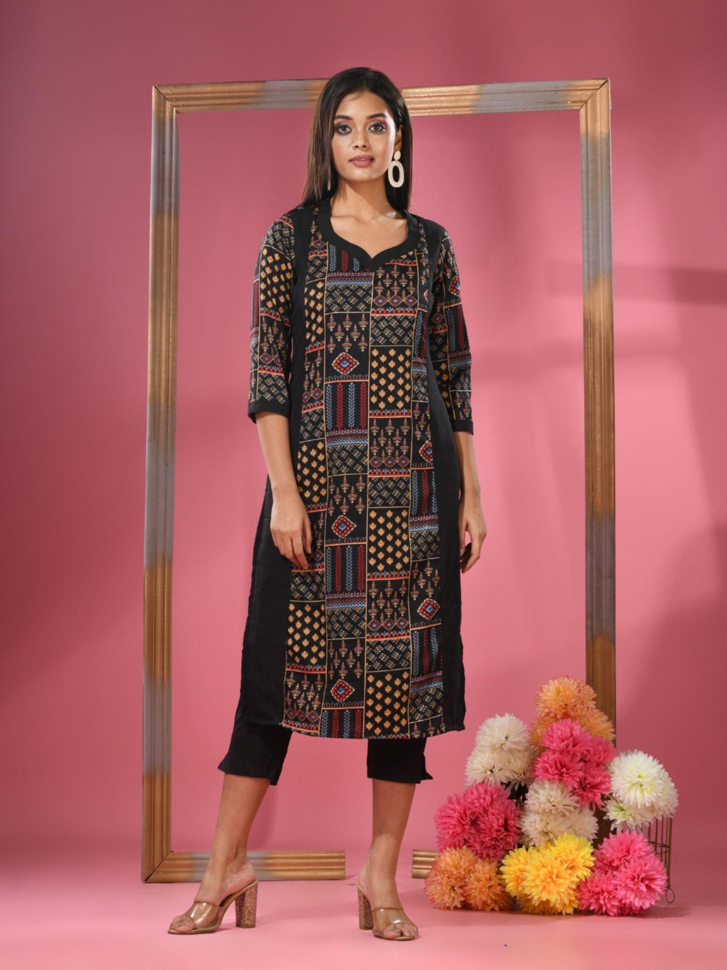 black crepe printed kurta