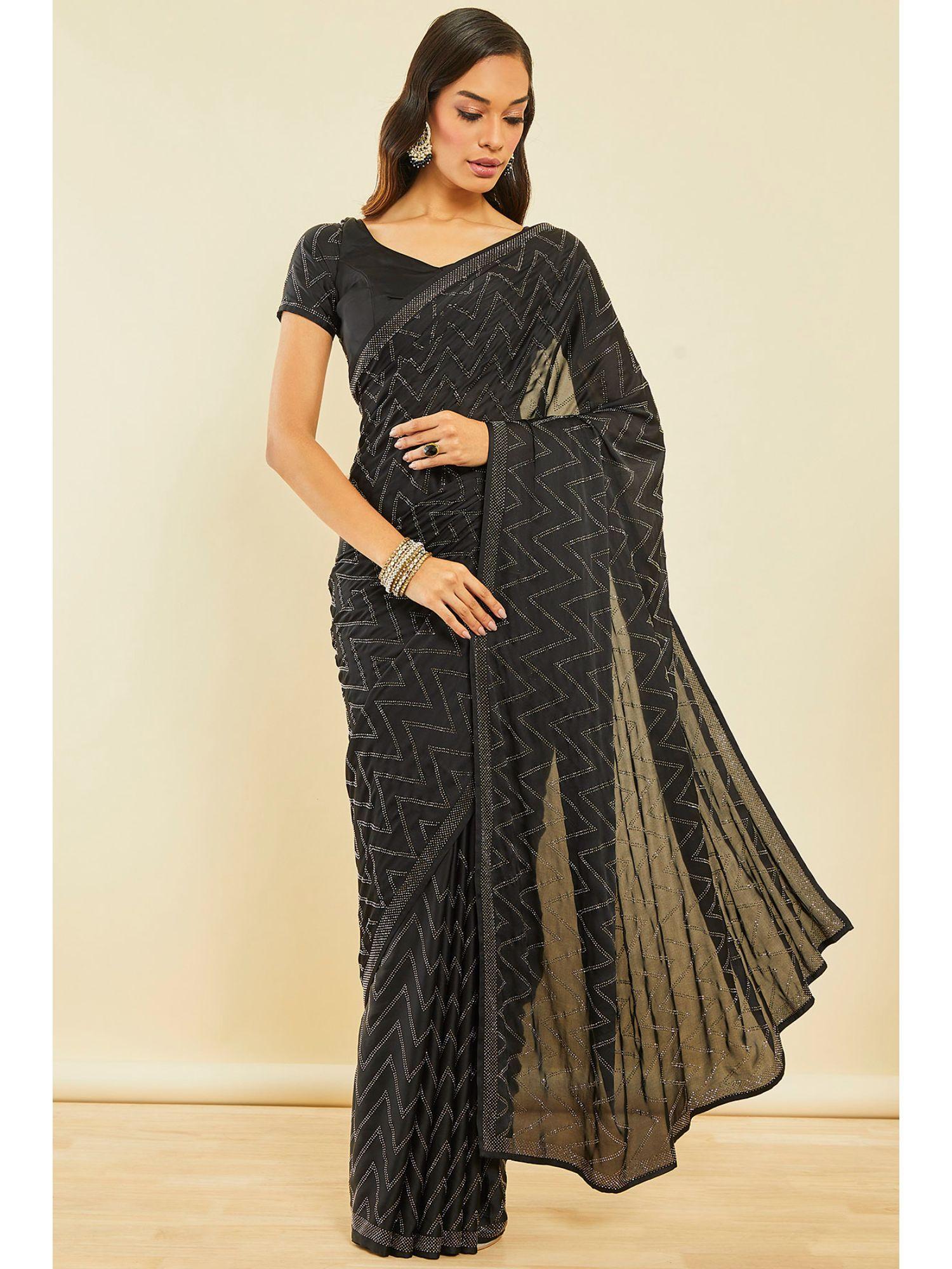 black crepe saree with beads with unstitched blouse