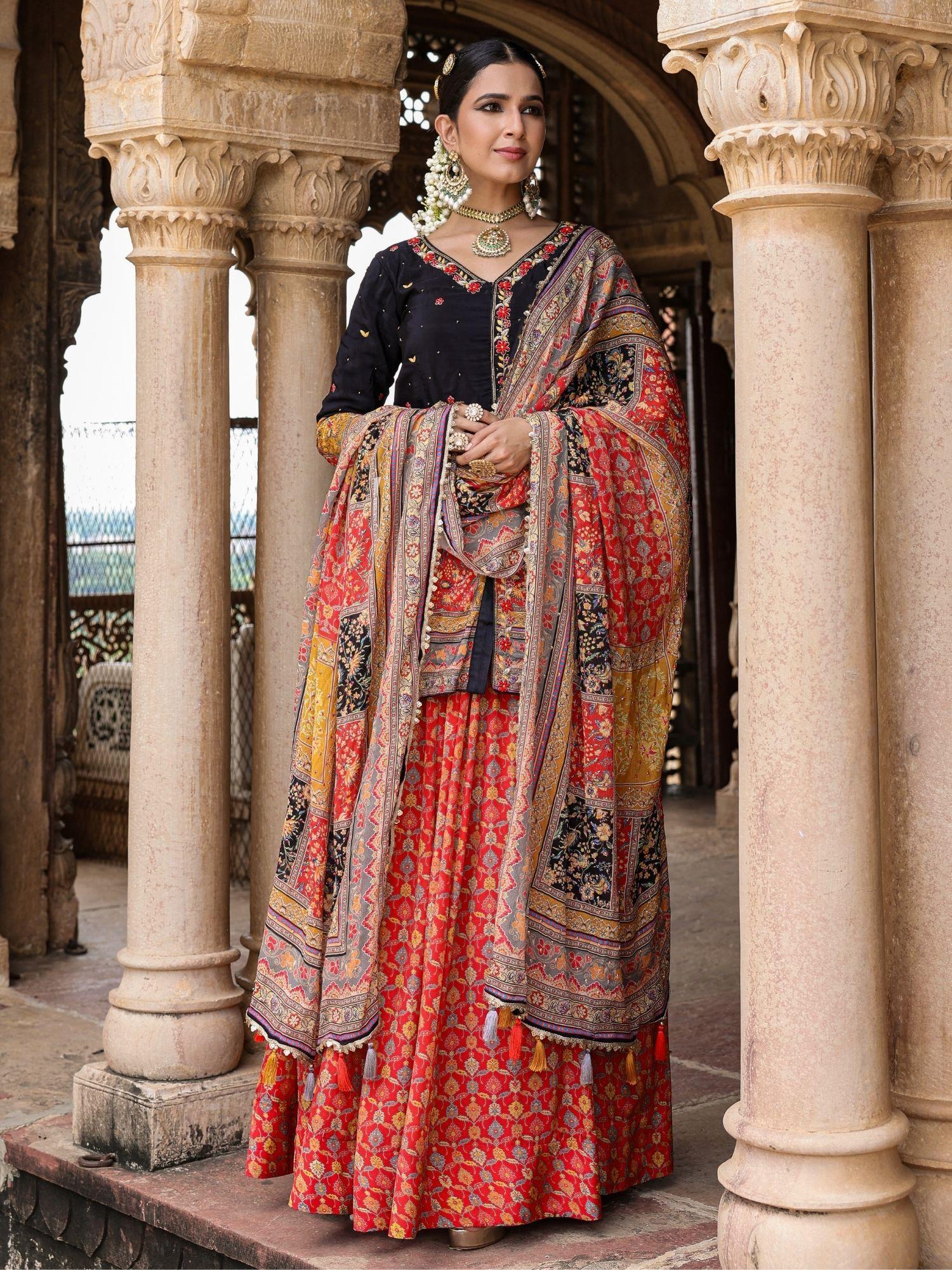 black crepe silk printed & embellished rajasthani lehenga jacket dupatta (set of 3)