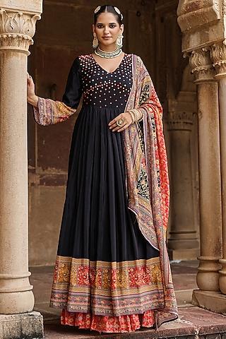 black crepe silk printed & mirror embellished gathered gown with dupatta