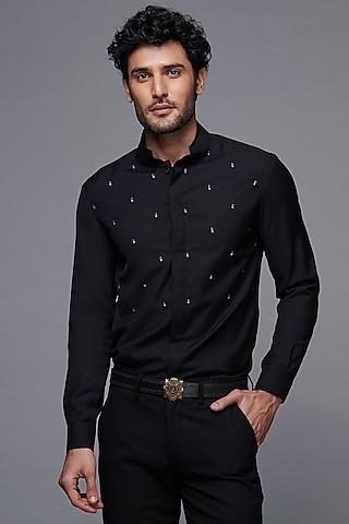 black crepe suiting & faux leather embellished shirt