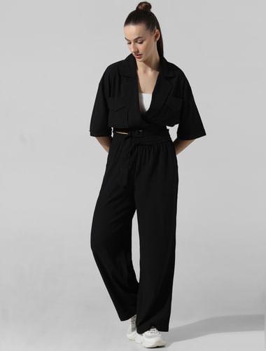 black crinkle weave co-ord set shirt