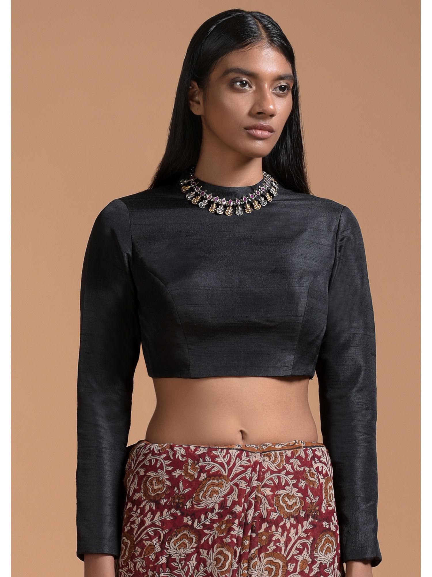 black crop top in raw silk with a high neckline & full sleeves